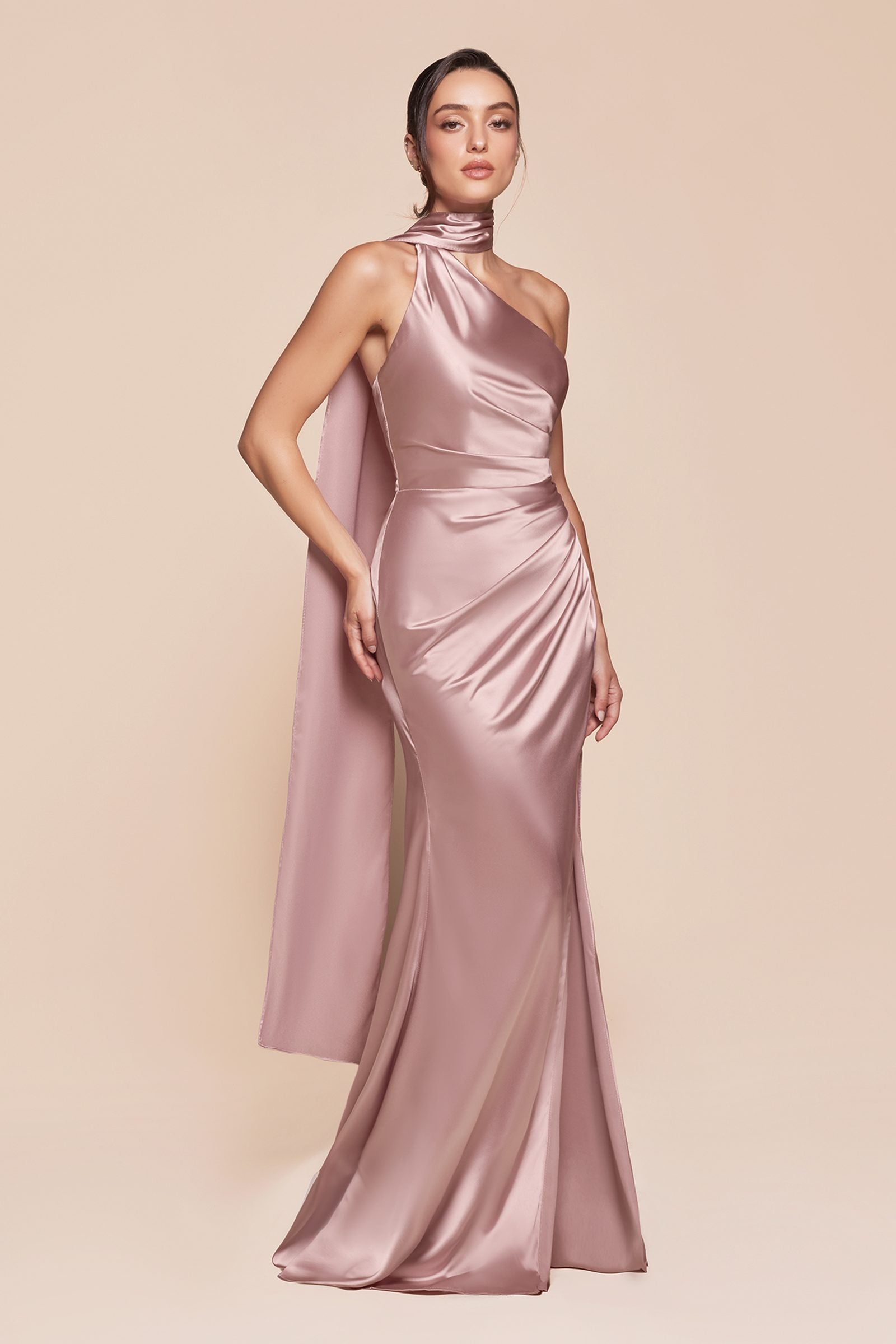 Bridal Party Dress | Ladivine 7454 Dress One Shoulder Luxe Satin Fitted