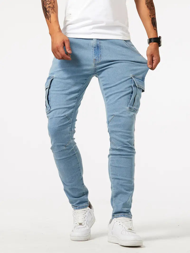 Pantalón cargo casual para hombre, pantalón elástico de marca de moda para primavera y verano, gris, a estrenar, corte recto, vaquero ligero