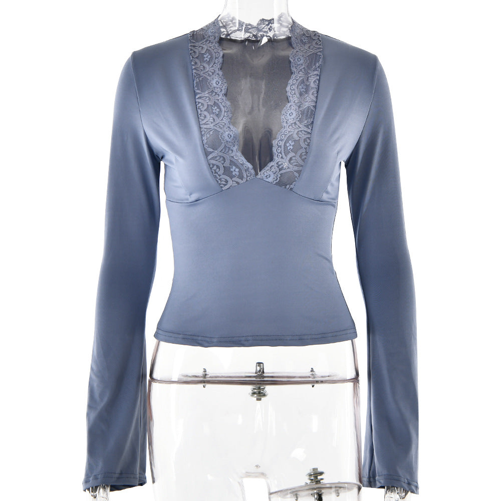 Manga Larga Entallada Cuello V Encaje