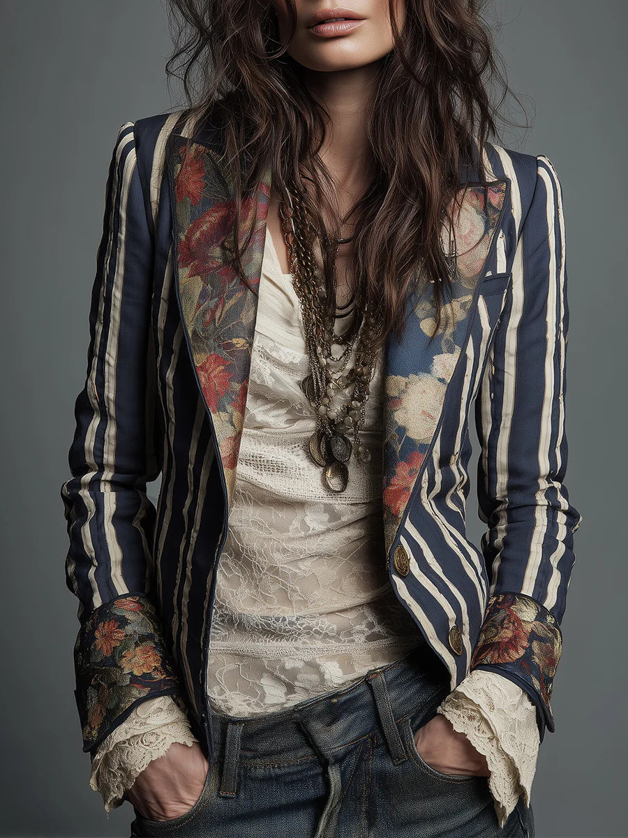 Blazer de mujer a rayas con bloques de color de estilo bohemio