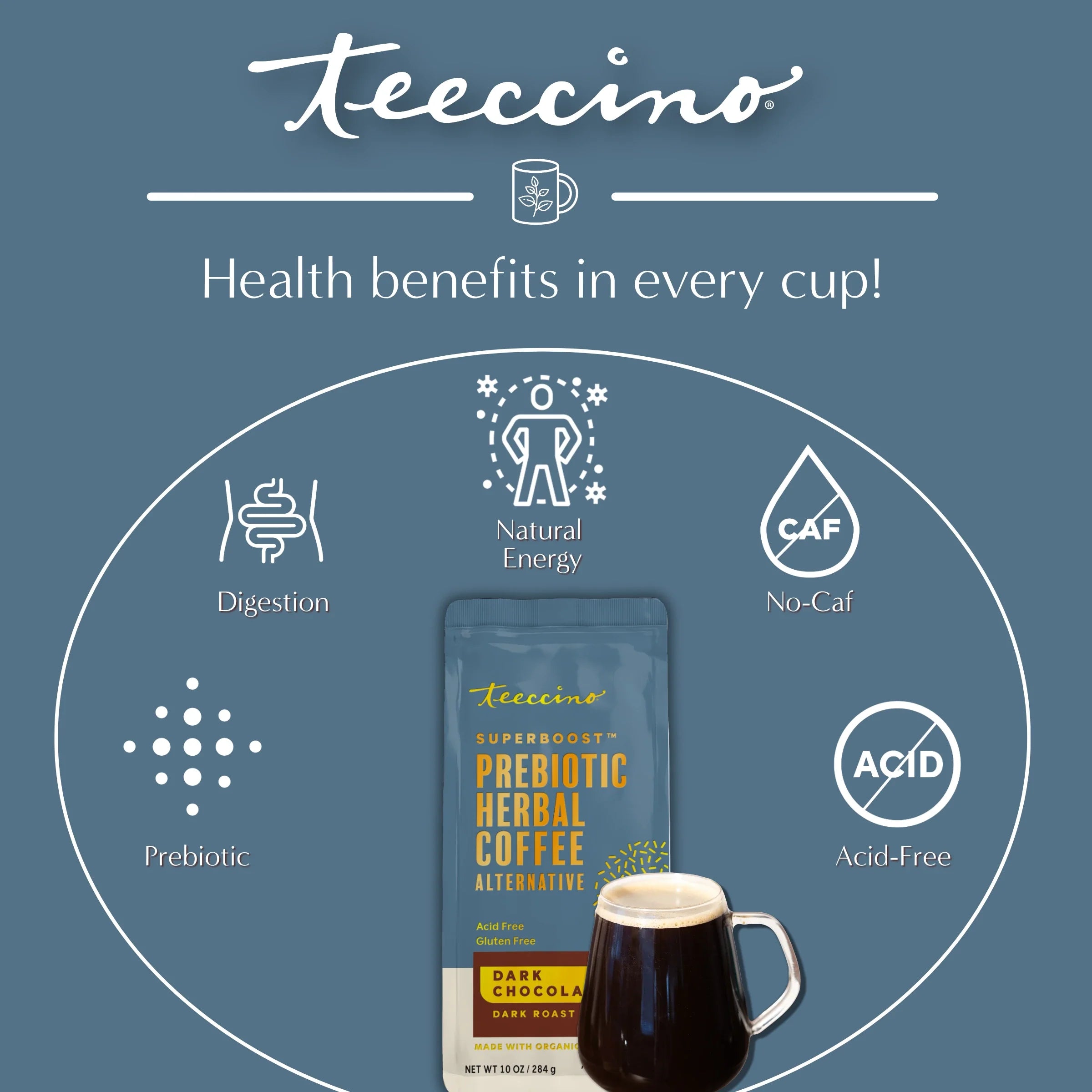 Herbal Coffee | Teeccino | Dark Chocolate Prebiotic Superboost Herbal Coffee