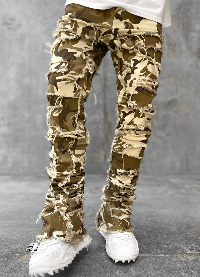 Pantalones rasgados con flecos interiores, remendados individualmente, ajustados, acampanados, apilados, largos, para ropa de hombre