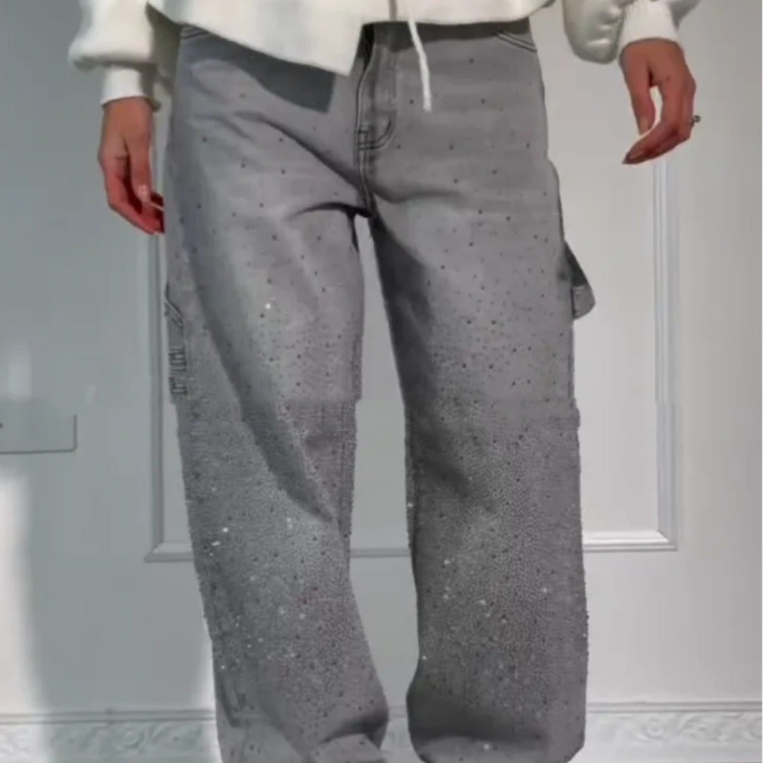 Jeans rectos brillantes Ins con bolsillos, pantalones anchos y sueltos de moda para mujer, pantalones de estilo urbano