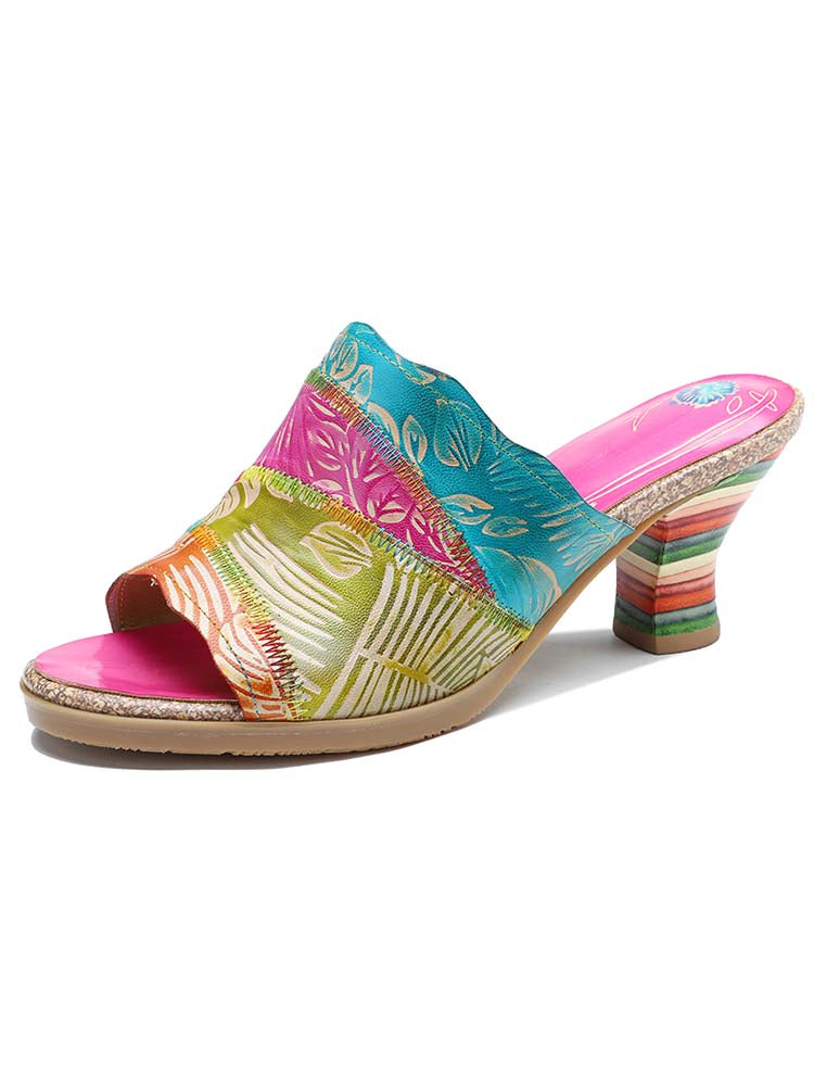 Four Color Splicing Slippers is a color-block slippers selected for customers looking for expressive footwear, statement shoes, creative styling, and giftable fashion pieces. Material details include Upper: Hand-painted Cowhide Leather Lining: Calf Leather Outsole: Wear-resistant rubber Insole: Irremovable leather-covered padded Insole Handcrafted: Hand-laid and hand-stitched c. Available shoe size options help shoppers choose the right fit from the listing variants.