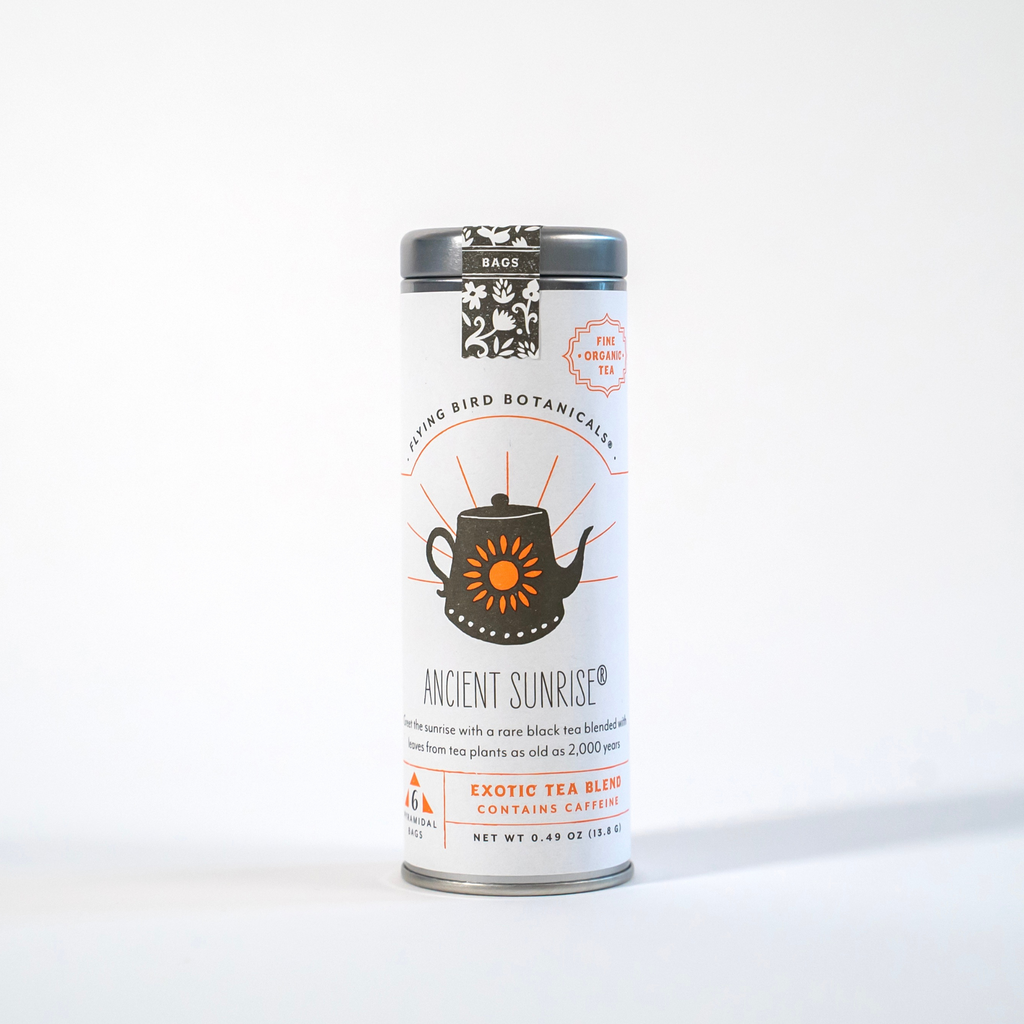 Latita "Ancient Sunrise" para la hora del té: 6 Eco-Bolsas de té orgánico brillante y malteado con tés negros y oolong antiguos (La Hora del Té / Crecer y Florecer)