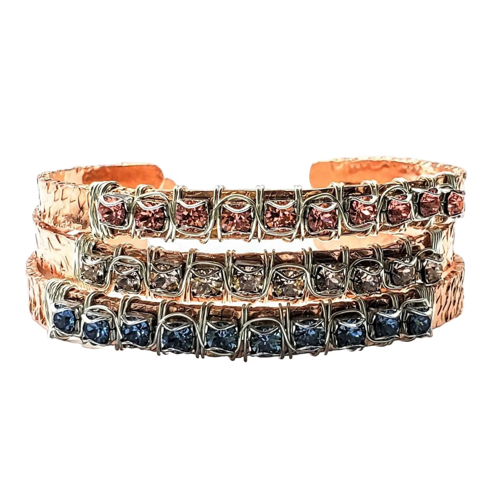 16 Gauge Copper Rhinestone Cuff Bangle is handmade bracelet selected for shoppers looking for artisan jewelry, statement accessories, wearable gifts, and distinctive details. Design details include silver or sterling-silver detail, copper construction, crystal or rhinestone accents, hammered texture. Available color options help shoppers choose the right version from the listing variants.