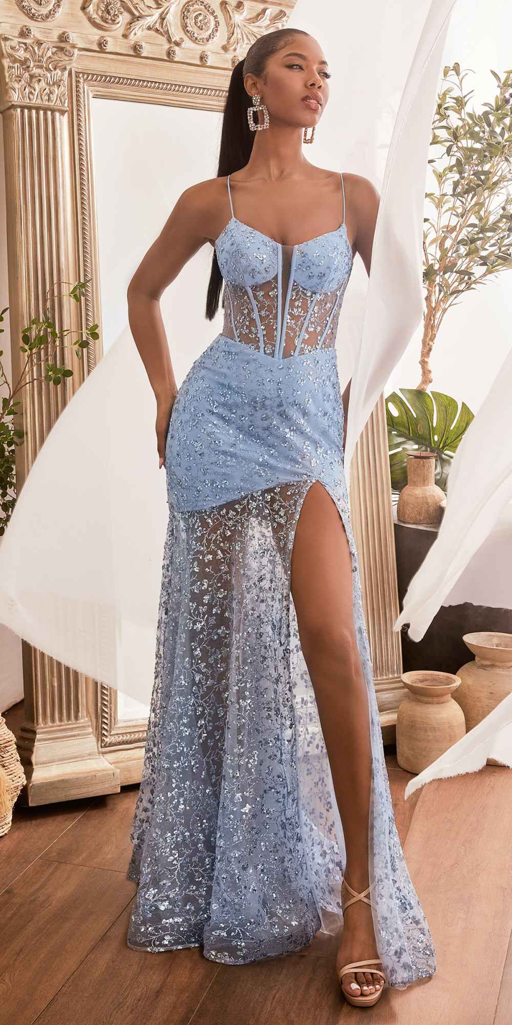 Ladivine C155 Long Glitter Floral Print Motif Sheer Bodice Fitted Gown is a formal gown for prom, pageant, red carpet. It features glitter floral print motif styling and a polished formalwear look suited for Honey Badger Books shoppers selecting special-occasion apparel.