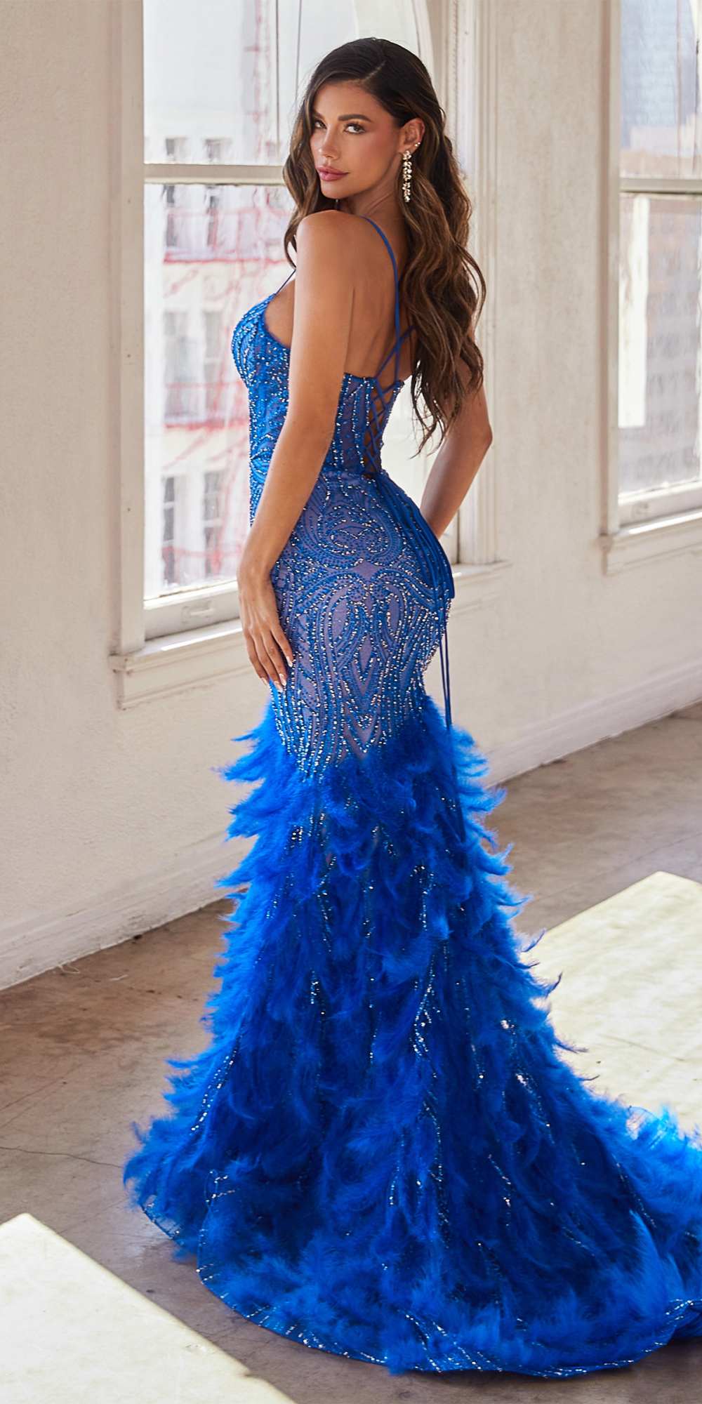 Dress | Ladivine Cc2308 Long Fully Embellished and Feather Mermaid