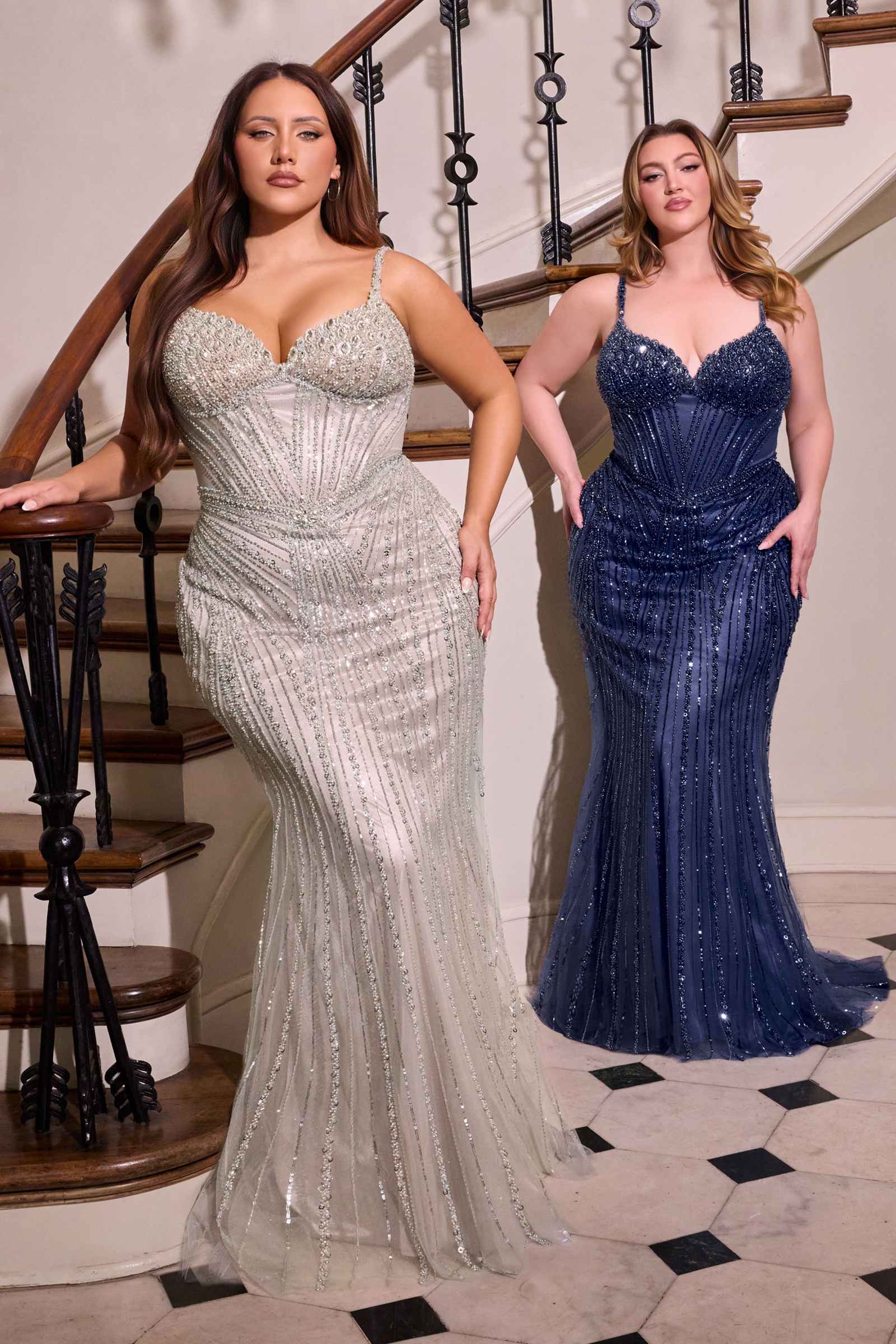 Cinderella Divine CC398C is a women’s prom gown for prom, formal events, black-tie events. Source details list a Fitted silhouette. Design details include Strapless V-neckline, sheer bodice & linear beaded motif. Fabric/material details: Sequins & beads. Fit detail: Structured bodice for enhanced support & lace-up corset back. Colors listed: Mocha Gold, Navy Blue, Silver/Nude, Smoky Blue. Use the product options for exact color and size selection.