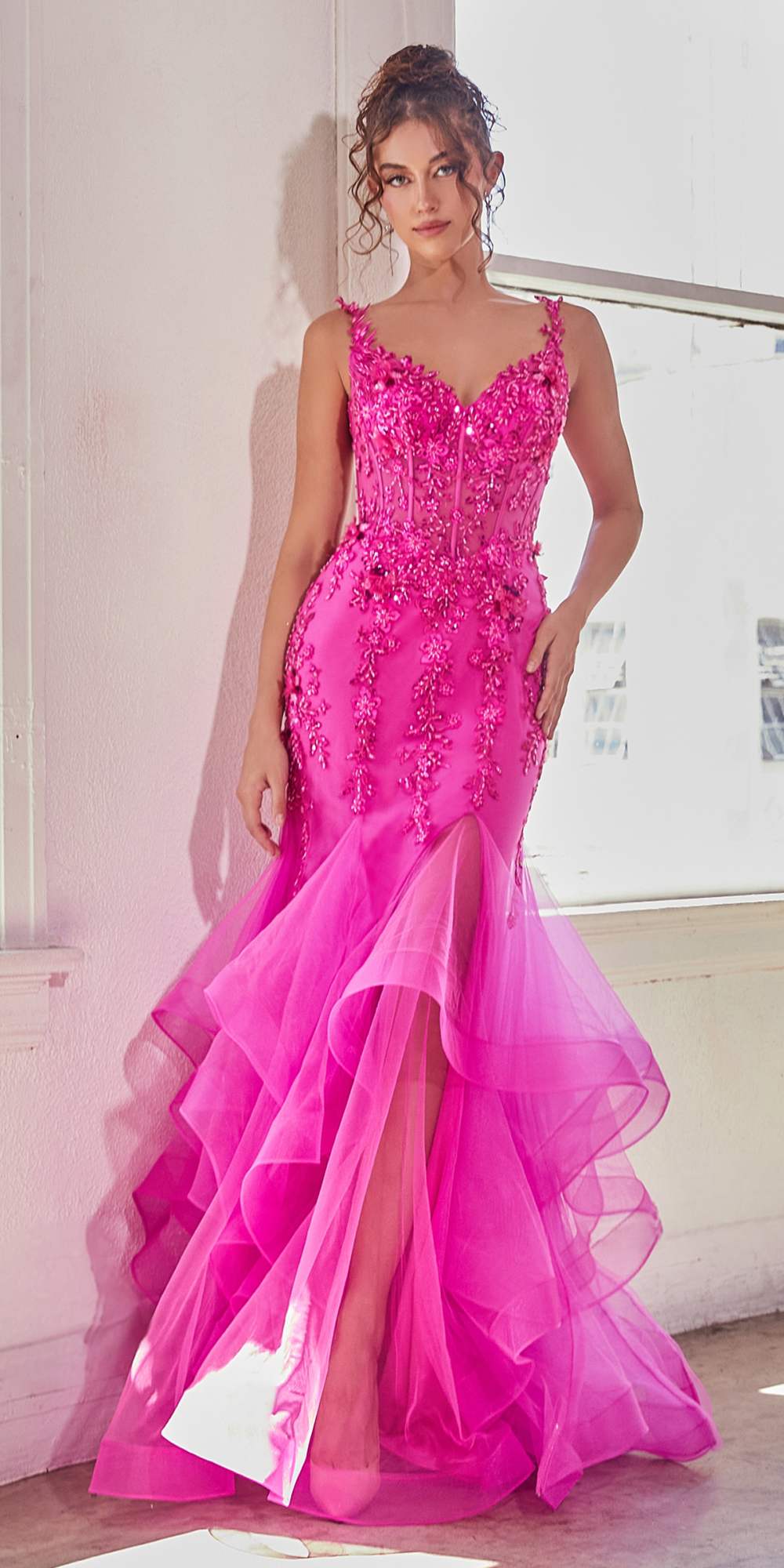 Ladivine CD331 Long Fuchsia Mermaid Embellished Ruffle Skirt Gown is a formal gown for prom, pageant, red carpet. It features tulle styling and a polished formalwear look suited for Honey Badger Books shoppers selecting special-occasion apparel.