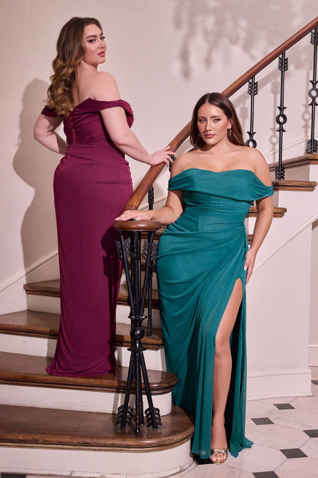Cinderella Divine CD387C is a women’s bridal party dress for prom, wedding, formal events. Source details list a Fitted silhouette. Design details include Off-the-shoulder draped neckline, ruched waist & gathered side slit skirt. Fabric/material details: Stretch mesh over lining. Fit detail: Lace-up corset back for adjustable fit & sculpted silhouette. Colors listed: Black, Burgundy, Mulberry, Navy Blue, Teal. Use the product options for exact color and size selection.