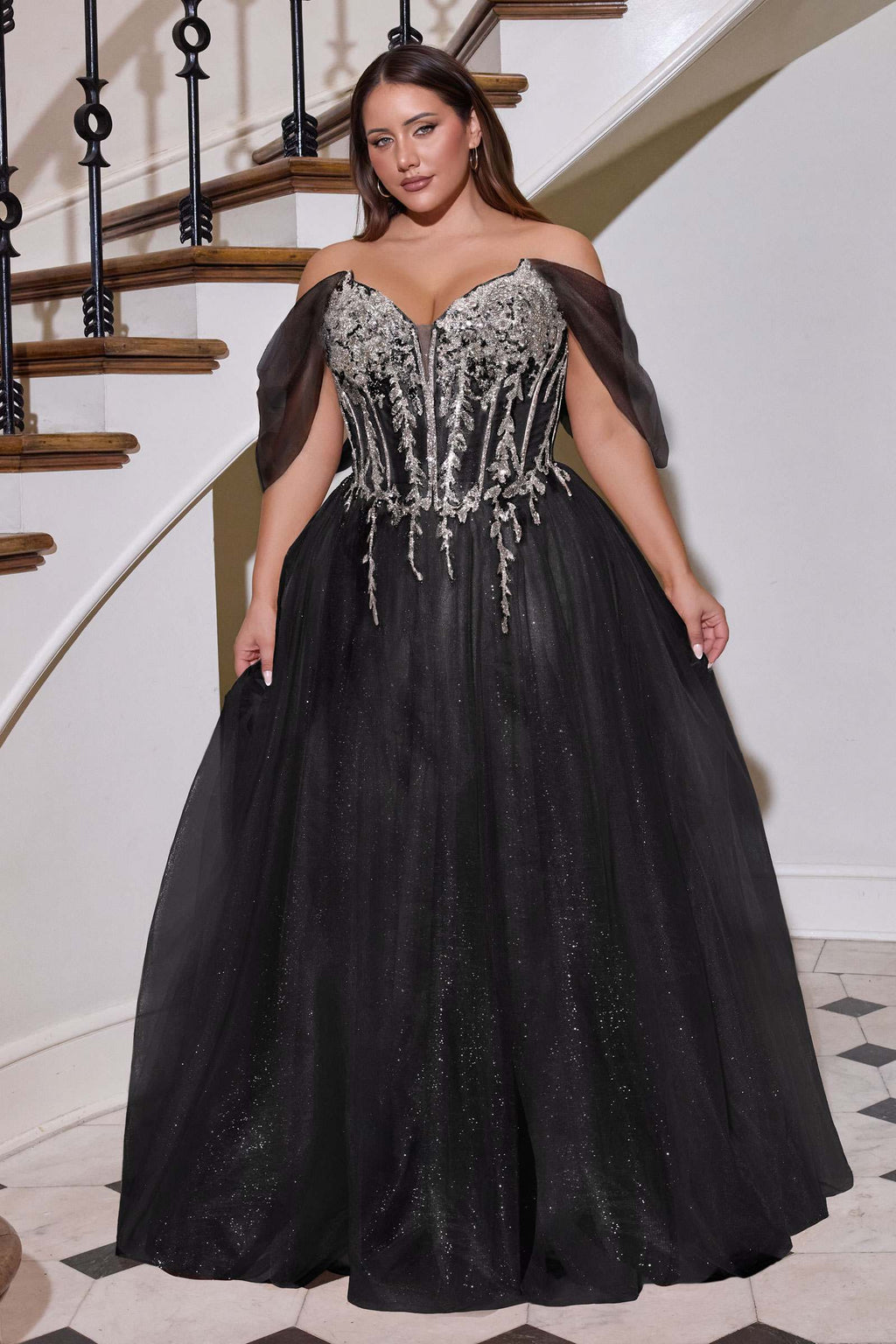 Cinderella Divine CD721C is a women’s prom gown for prom, formal events, black-tie events. Source details list a A-line silhouette. Design details include Strapless sweetheart neckline, beaded embellished bodice, flowing tulle skirt. Fabric/material details: Crystal and sequin beading, layered glitter tulle. Fit detail: Structured corset bodice with boning and defined waistline. Colors listed: Black/Silver, Eggplant, Gold, Mauve, Navy Blue. Use the product options for exact color and size selection.