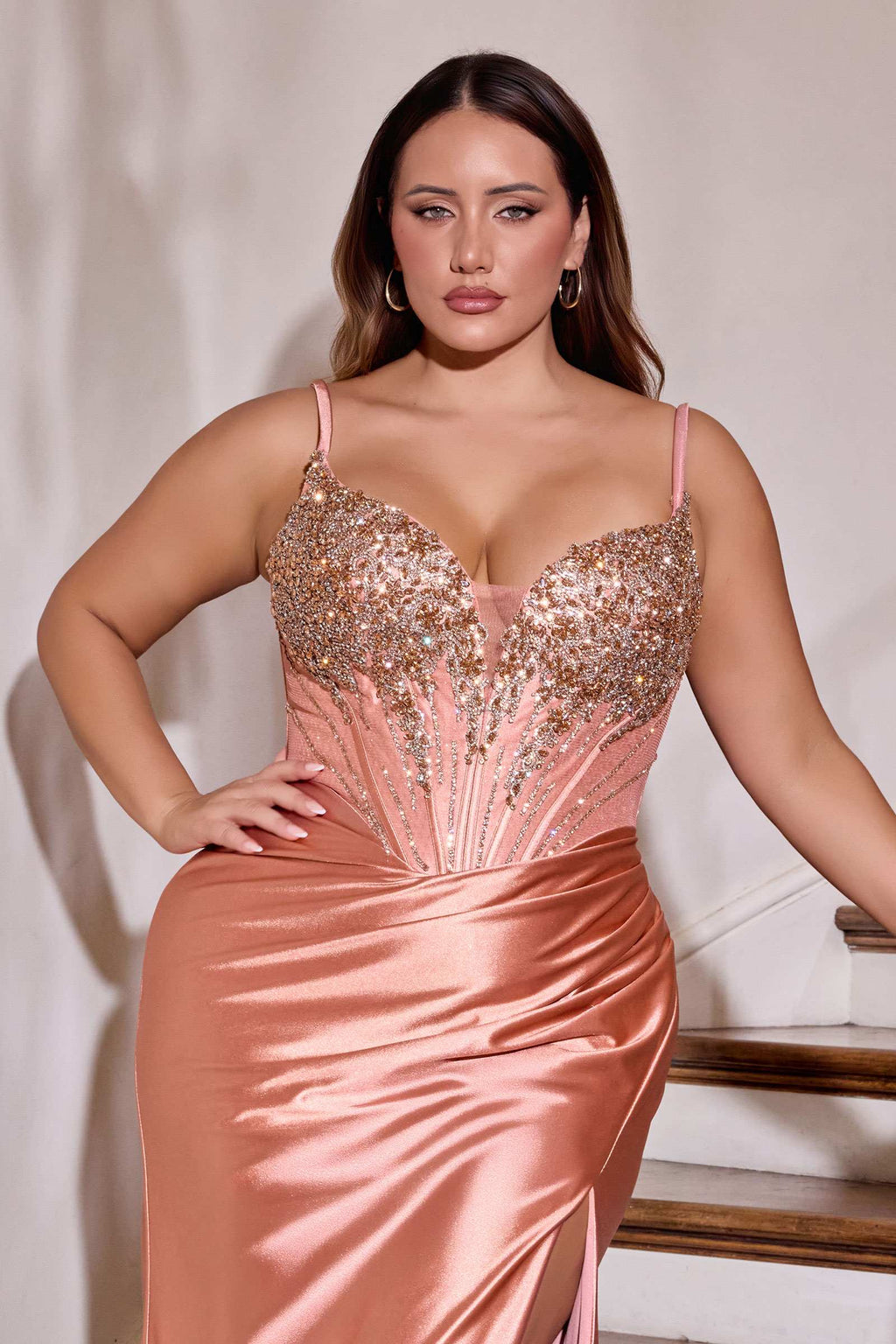 Dress | Ladivine Cd729c Removable Off Shoulder Stretch Satin Plus