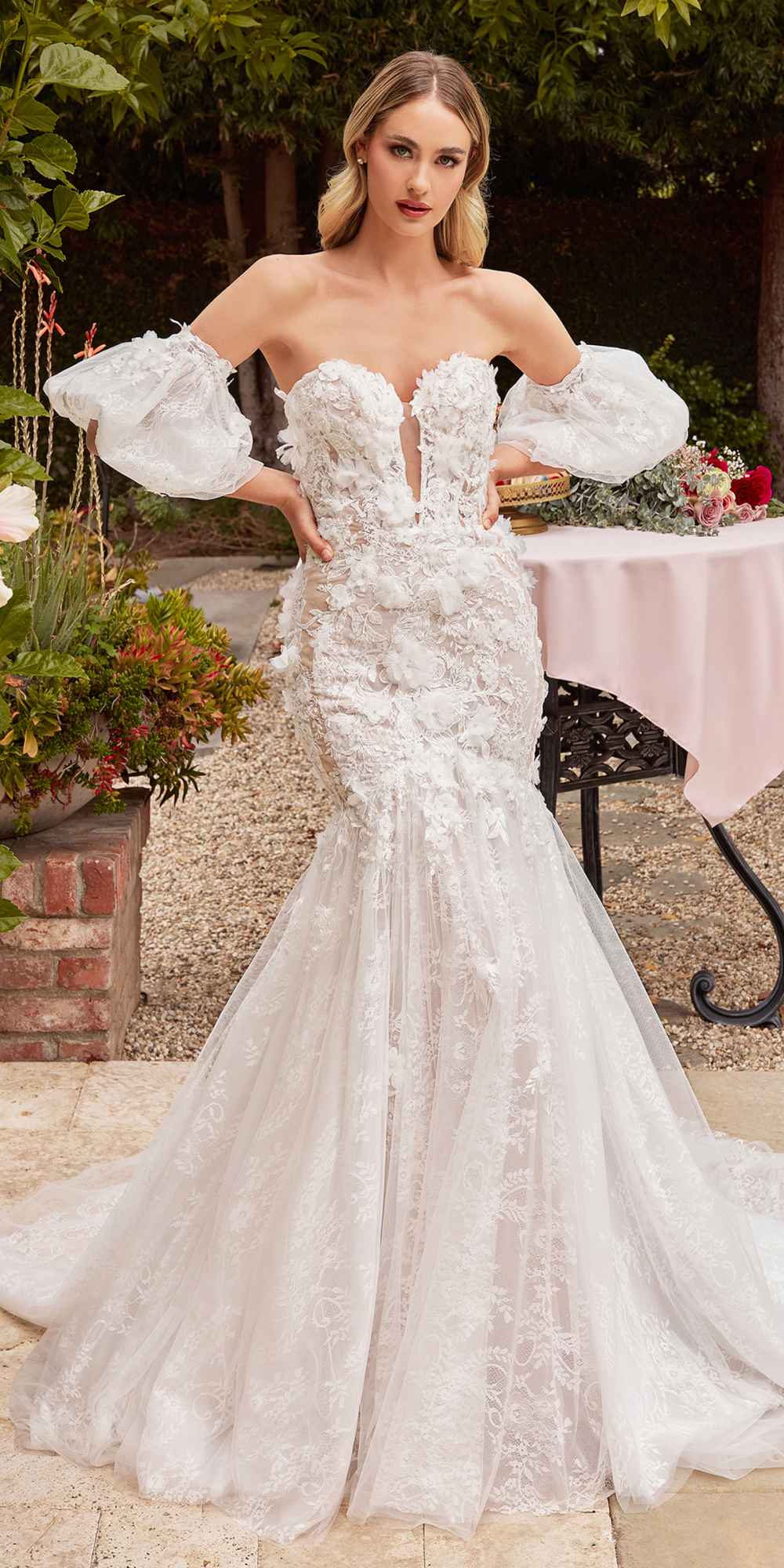 Ladivine CDS434W Long Strapless Lace Mermaid Dress Removable Puff Sleeves is a wedding dress for wedding. It features tulle styling and a polished formalwear look suited for Honey Badger Books shoppers selecting special-occasion apparel.