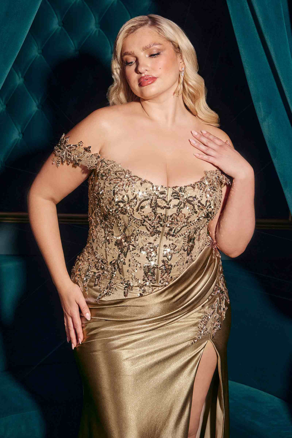 Dress | Ladivine Cds537c Off the Shoulder Lace & Satin