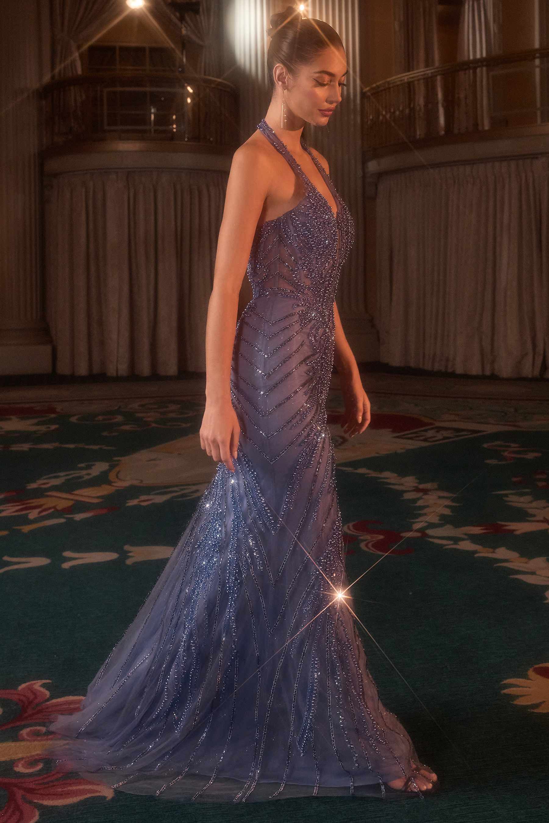 Dress | Ladivine Cds547 Fitted Halter Evening Gown Plunging Bodice