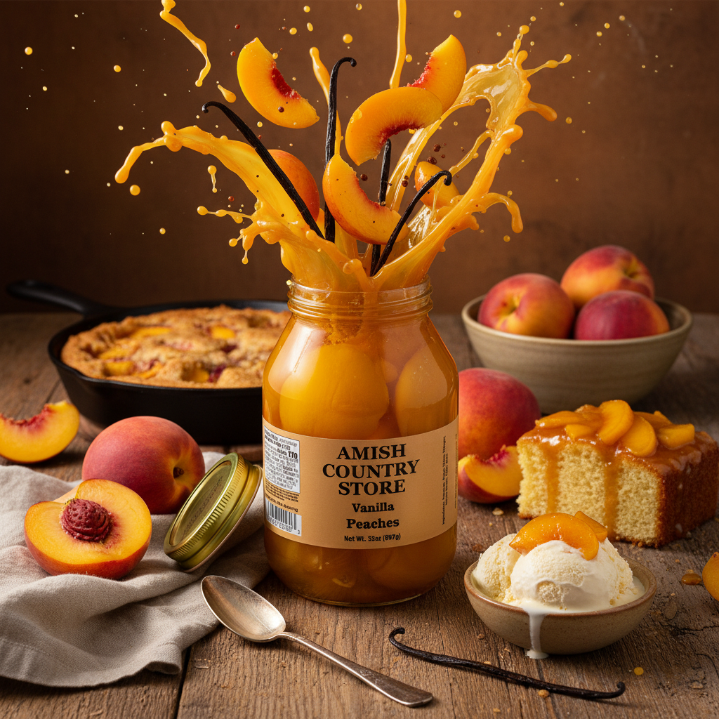 Old-Fashioned Vanilla Bean Peaches | Amish Country Store | 32 oz is a jarred peaches chosen for pantry shoppers, food gifts, everyday snacks, breakfasts, cookouts, or sweet and savory serving ideas. Sweet, tender, and finished with real vanilla bean flavor, our Old-Fashioned Vanilla Bean Peaches turn classic peaches in syrup into something extra special. Product details help shoppers compare the item type, style, size, and intended use before purchase.