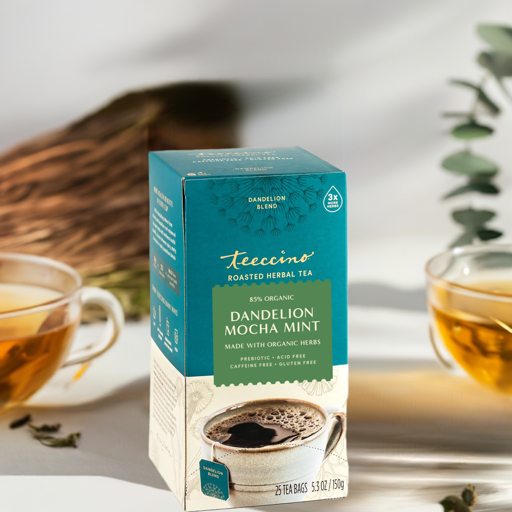 Té de hierbas tostado de diente de león con mocha y menta