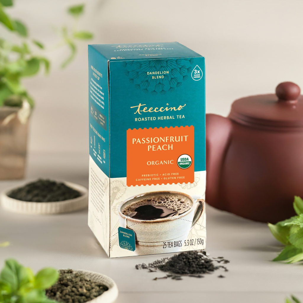 Té de hierbas de diente de león, maracuyá y durazno