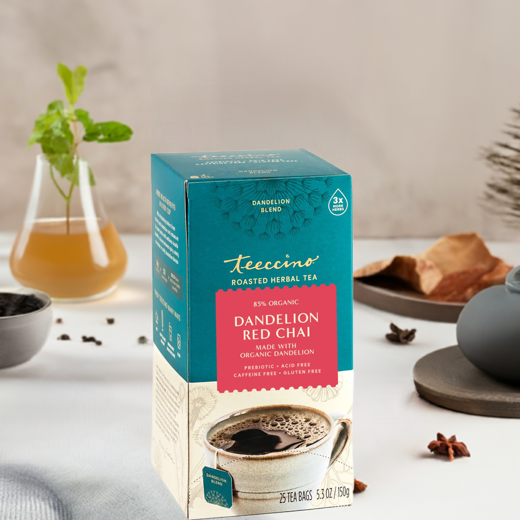 Té de hierbas tostadas de diente de león y chai rojo