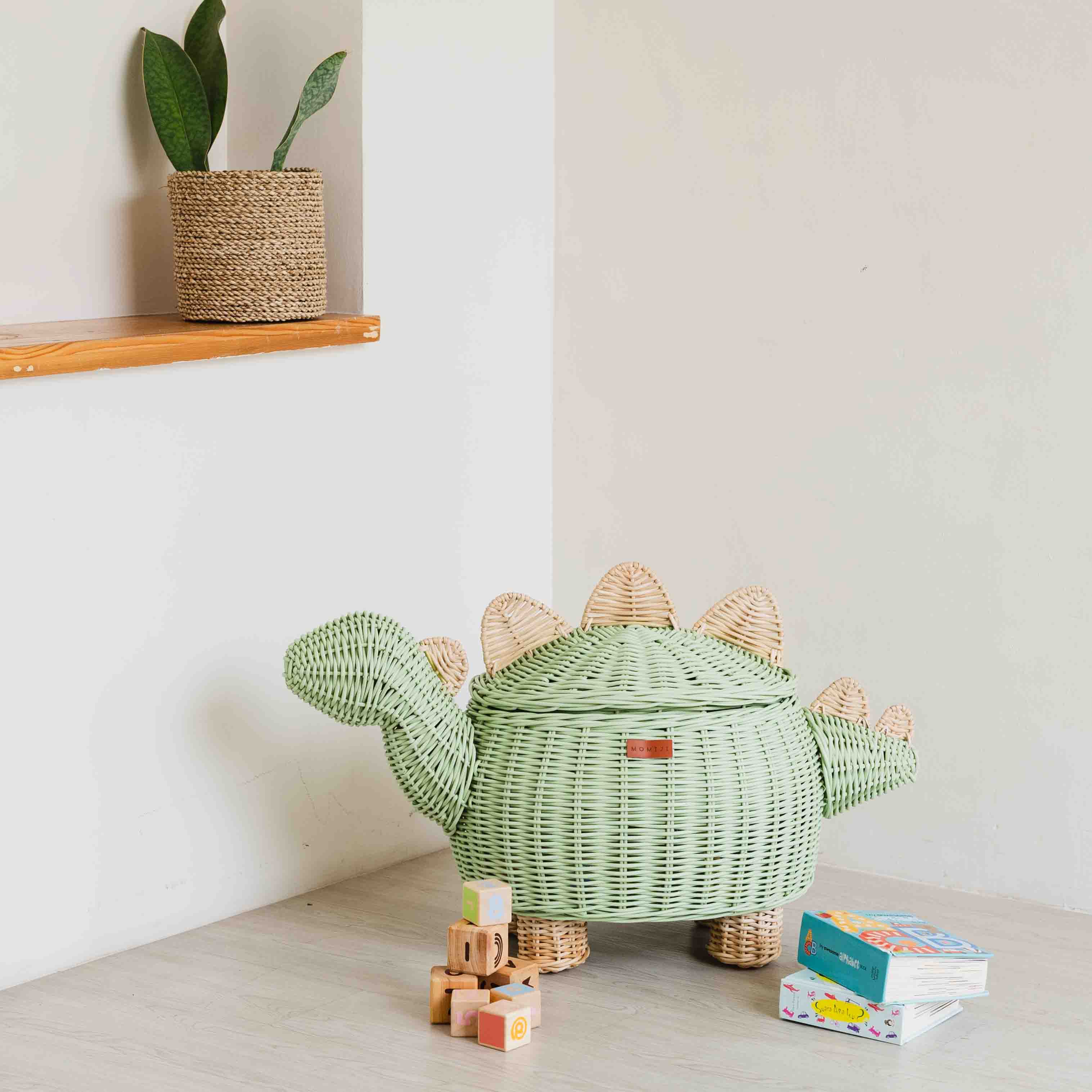 Dinosaur Storage Basket Mint Green - Large is a rattan storage basket selected for toy storage, nursery shelves, blankets, books, playrooms, and decorative organization. Handwoven basket styling supports nursery storage, toys, blankets, books, and decorative organization. A useful choice for parents, kids rooms, nurseries, playrooms, and anyone needing storage with personality. Listing details help shoppers compare the item type, use, style, and intended recipient before purchase.