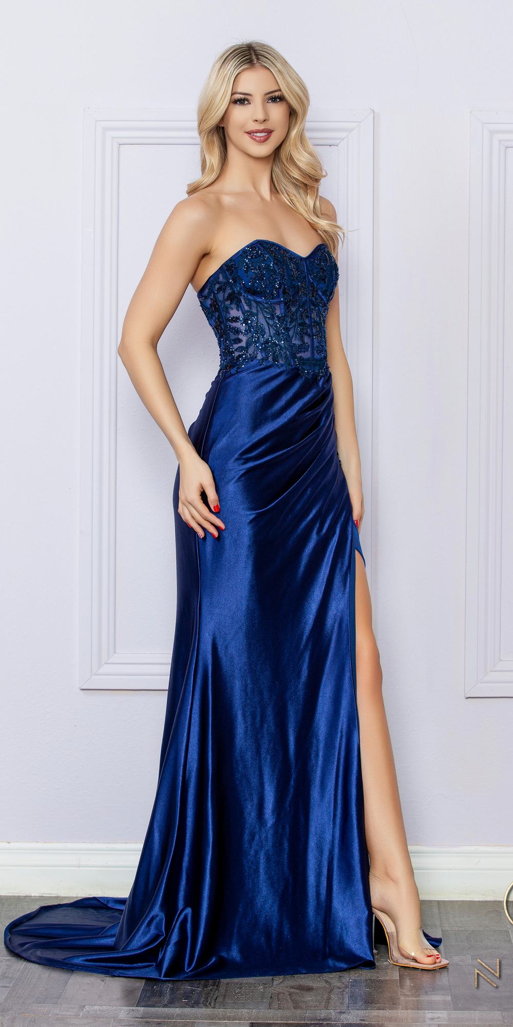 Dress | Nox Anabel E1284 Long Strapless Satin Sequin Boned