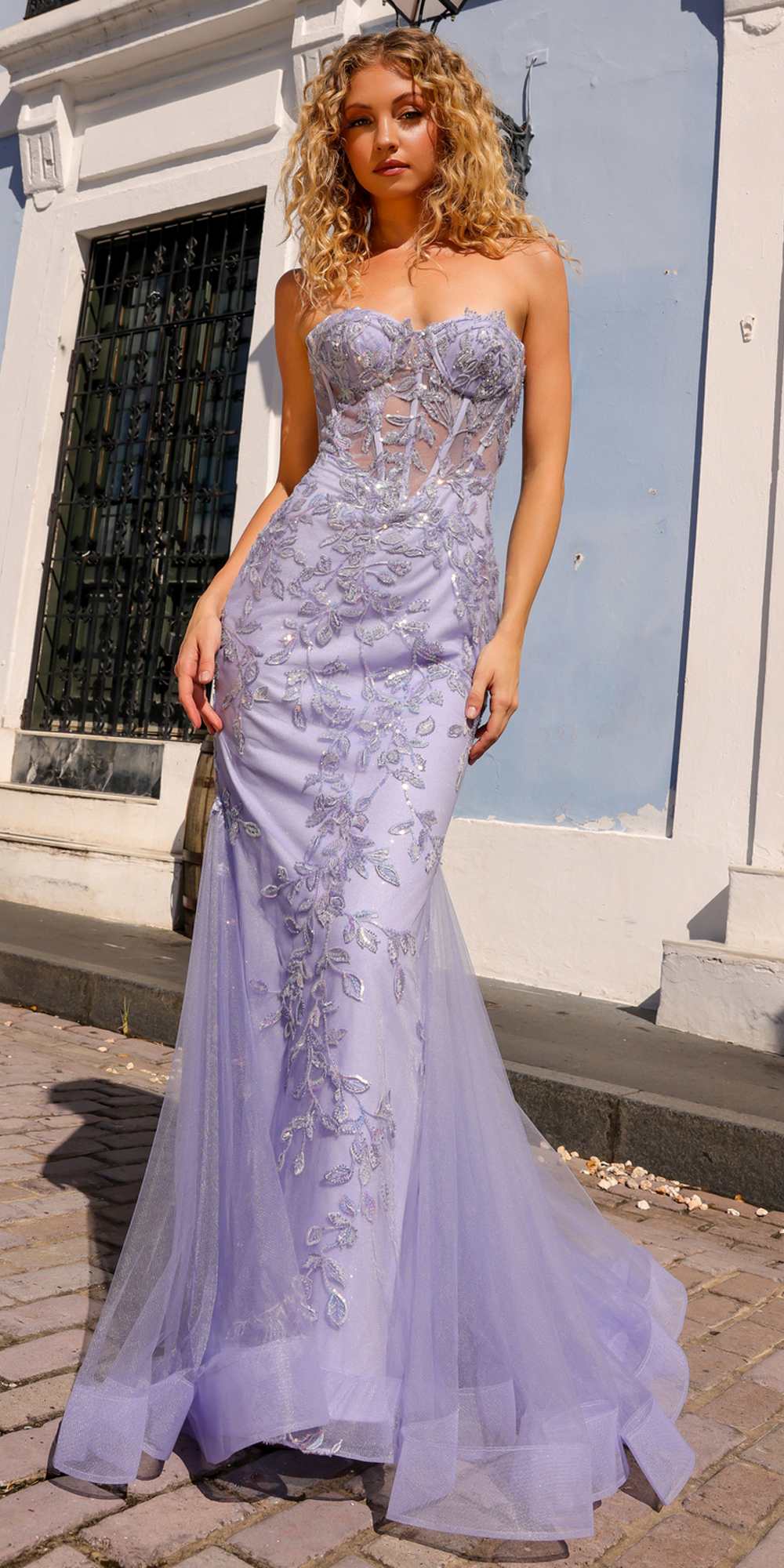 Dress | Nox Anabel G1258 Strapless Lace Applique Corset Bodice
