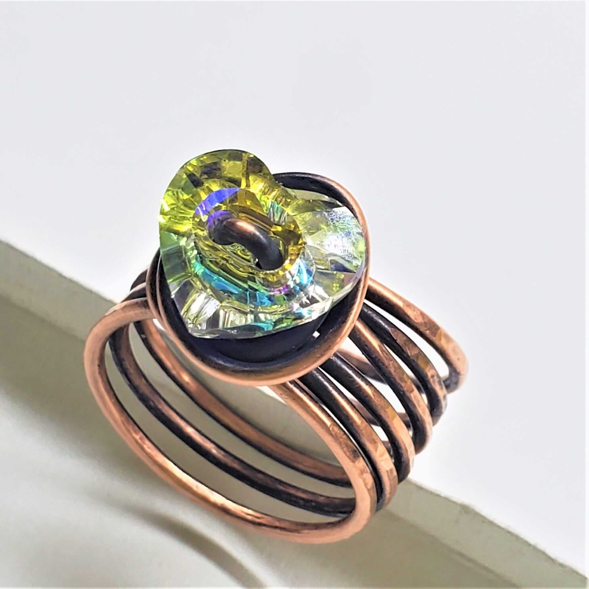 Ring | Handmade Copper Wire Wrapped Crystal Heart Glam Ring