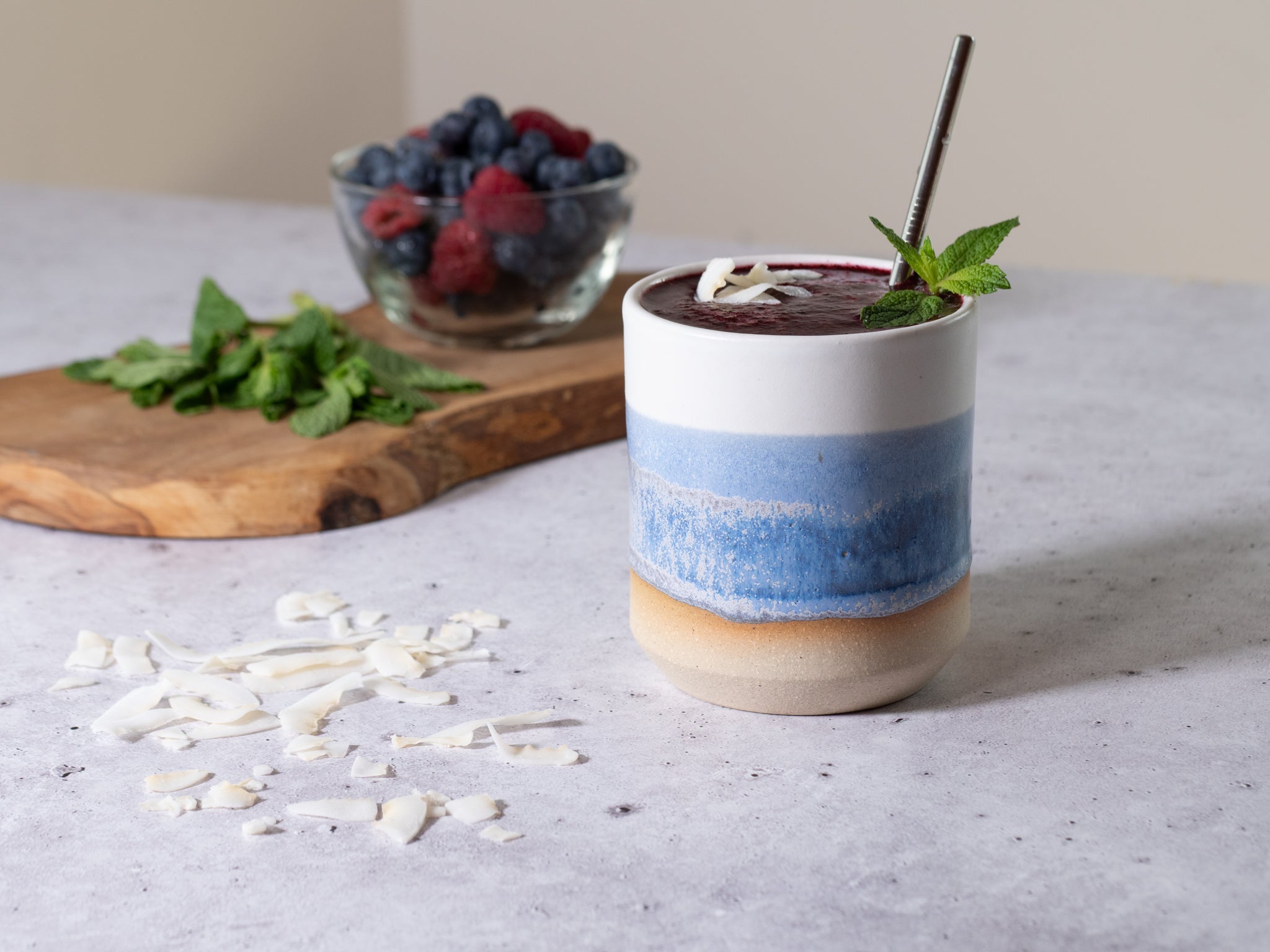 Cup | Smoothie Cup Blue Purple White 14 Oz Stoneware