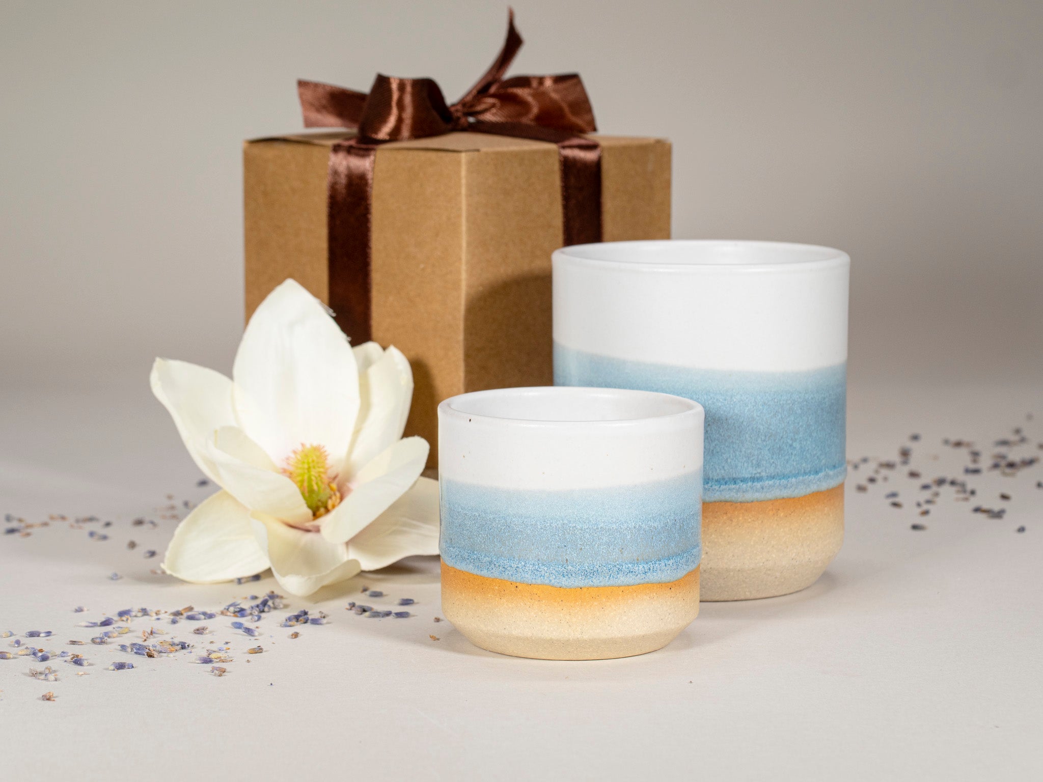 Gift Set: 14 oz cup and 5.5 oz cup in Ice Blue White Stoneware is a stoneware cup gift set selected for drinkware shoppers, coffee bars, kitchen tableware, gift sets, and cozy beverage routines. Material details include 𝗦 & 𝗗𝗘𝗦𝗜𝗚𝗡 : Stoneware Clay: includes lighter and darker tones in the clay. Product details help shoppers compare the item type, style, size, and intended use before purchase.
