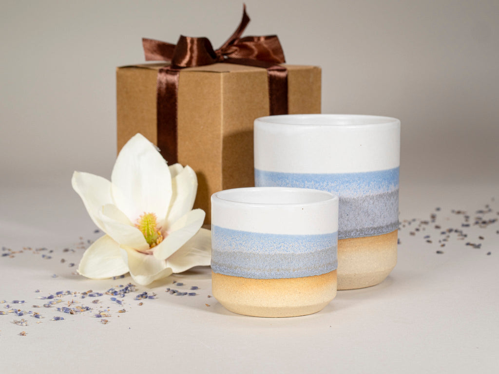 Gift Set: 14 oz cup and 5.5 oz cup in Blue Purple White Stoneware is a stoneware cup gift set selected for drinkware shoppers, coffee bars, kitchen tableware, gift sets, and cozy beverage routines. Material details include 𝗦 & 𝗗𝗘𝗦𝗜𝗚𝗡 : Stoneware Clay: includes lighter and darker tones in the clay. Product details help shoppers compare the item type, style, size, and intended use before purchase.
