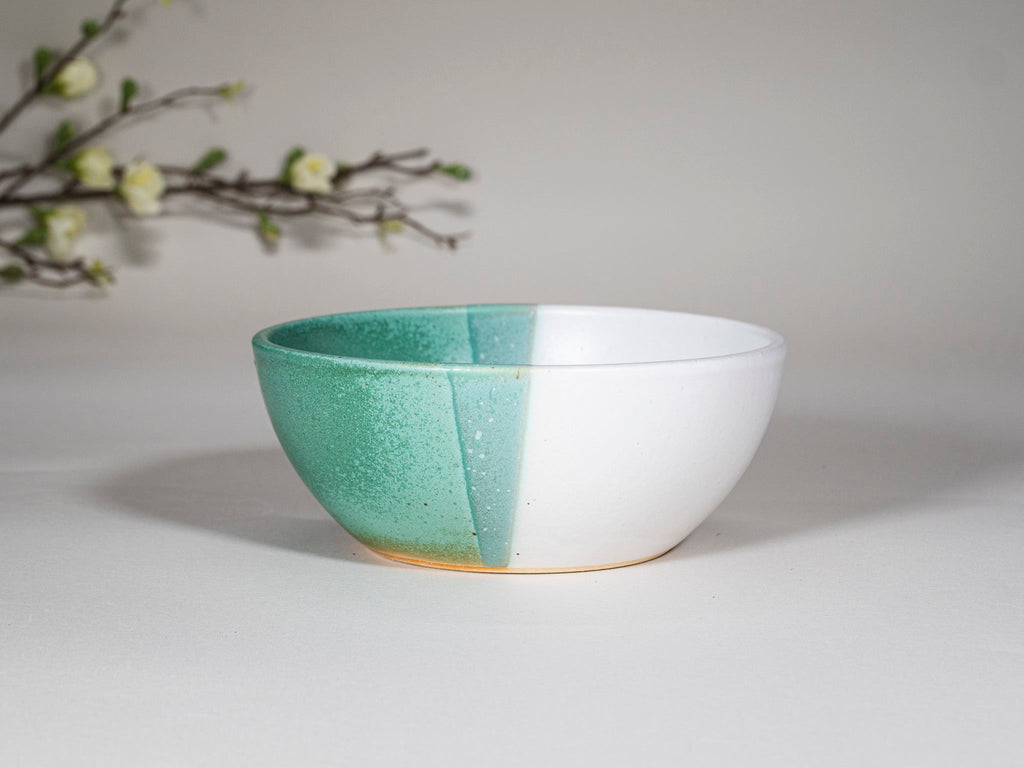 Bowl | Breakfast Salad Soup Bowl Green White Stoneware Handmade