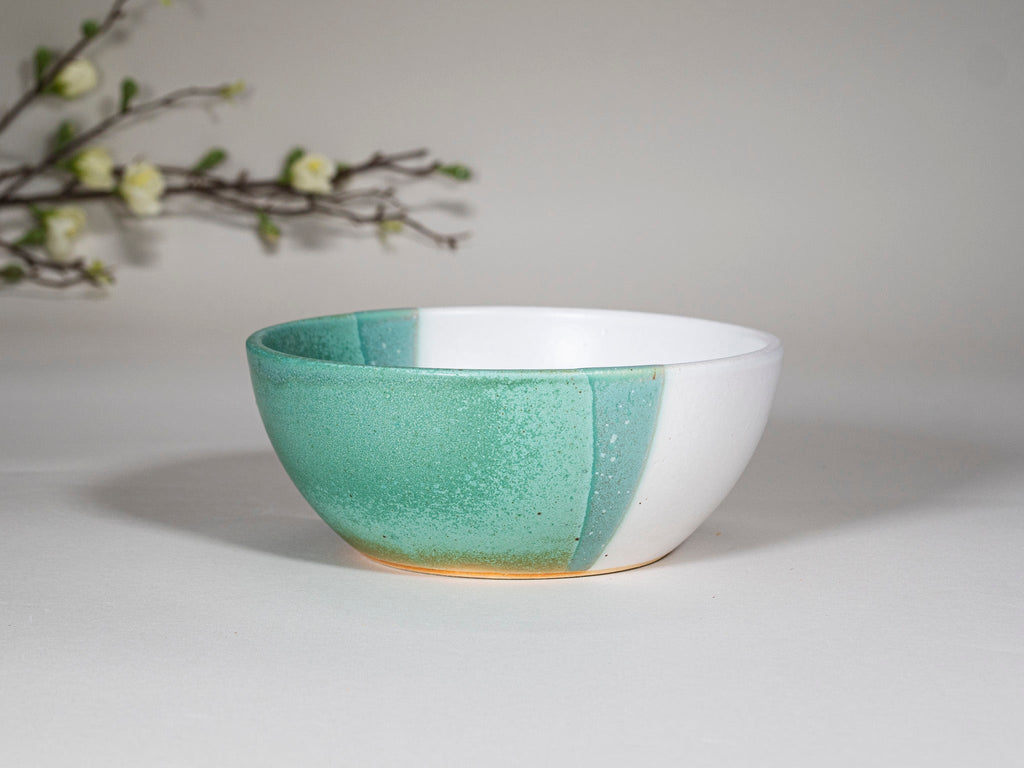 Bowl | Breakfast Salad Soup Bowl Green White Stoneware Handmade