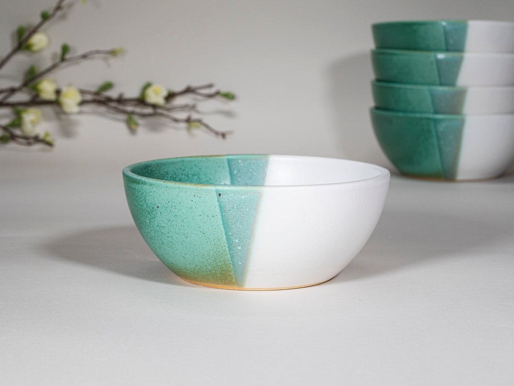 Bowl | Breakfast Salad Soup Bowl Green White Stoneware Handmade