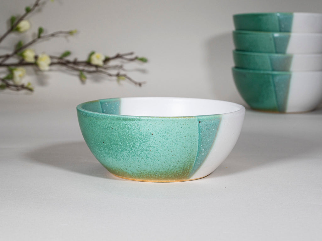 Bowl | Breakfast Salad Soup Bowl Green White Stoneware Handmade