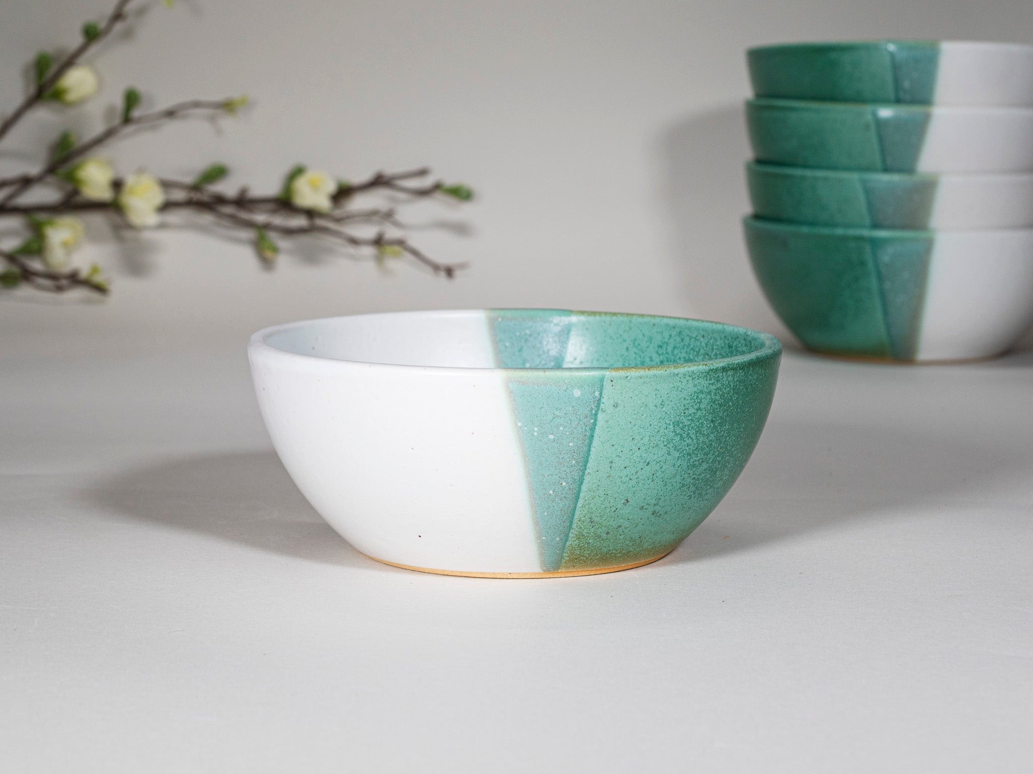 Bowl | Breakfast Salad Soup Bowl Green White Stoneware Handmade