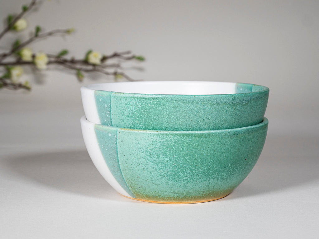 Bowl | Breakfast Salad Soup Bowl Green White Stoneware Handmade