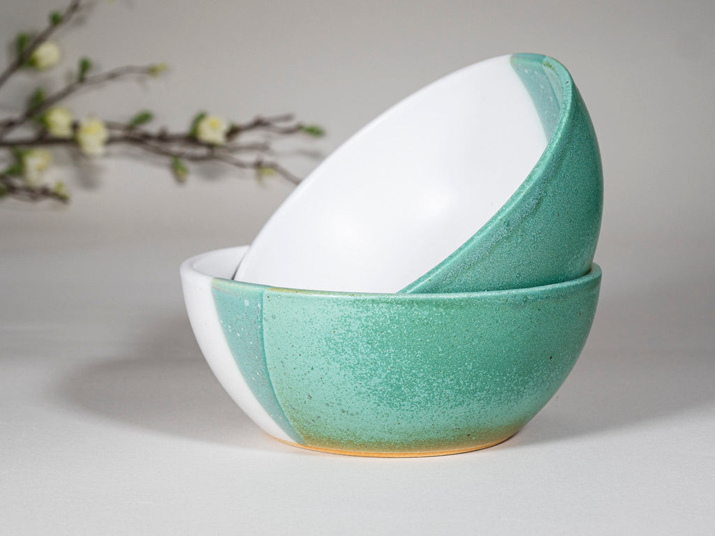 Bowl | Breakfast Salad Soup Bowl Green White Stoneware Handmade