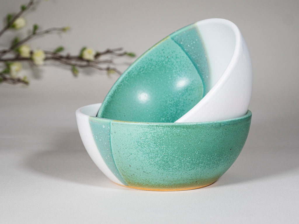 Bowl | Breakfast Salad Soup Bowl Green White Stoneware Handmade