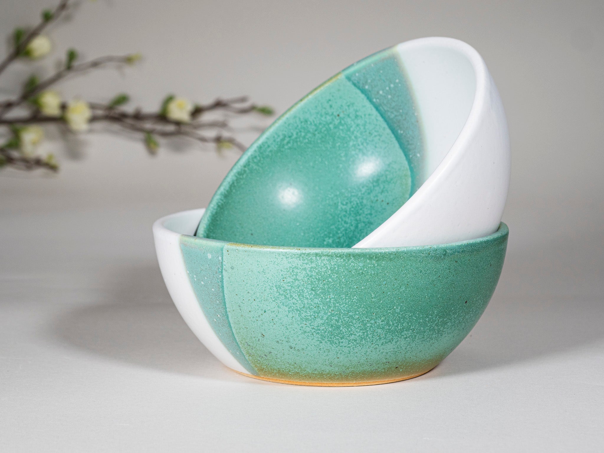 Bowl | Breakfast Salad Soup Bowl Green White Stoneware Handmade