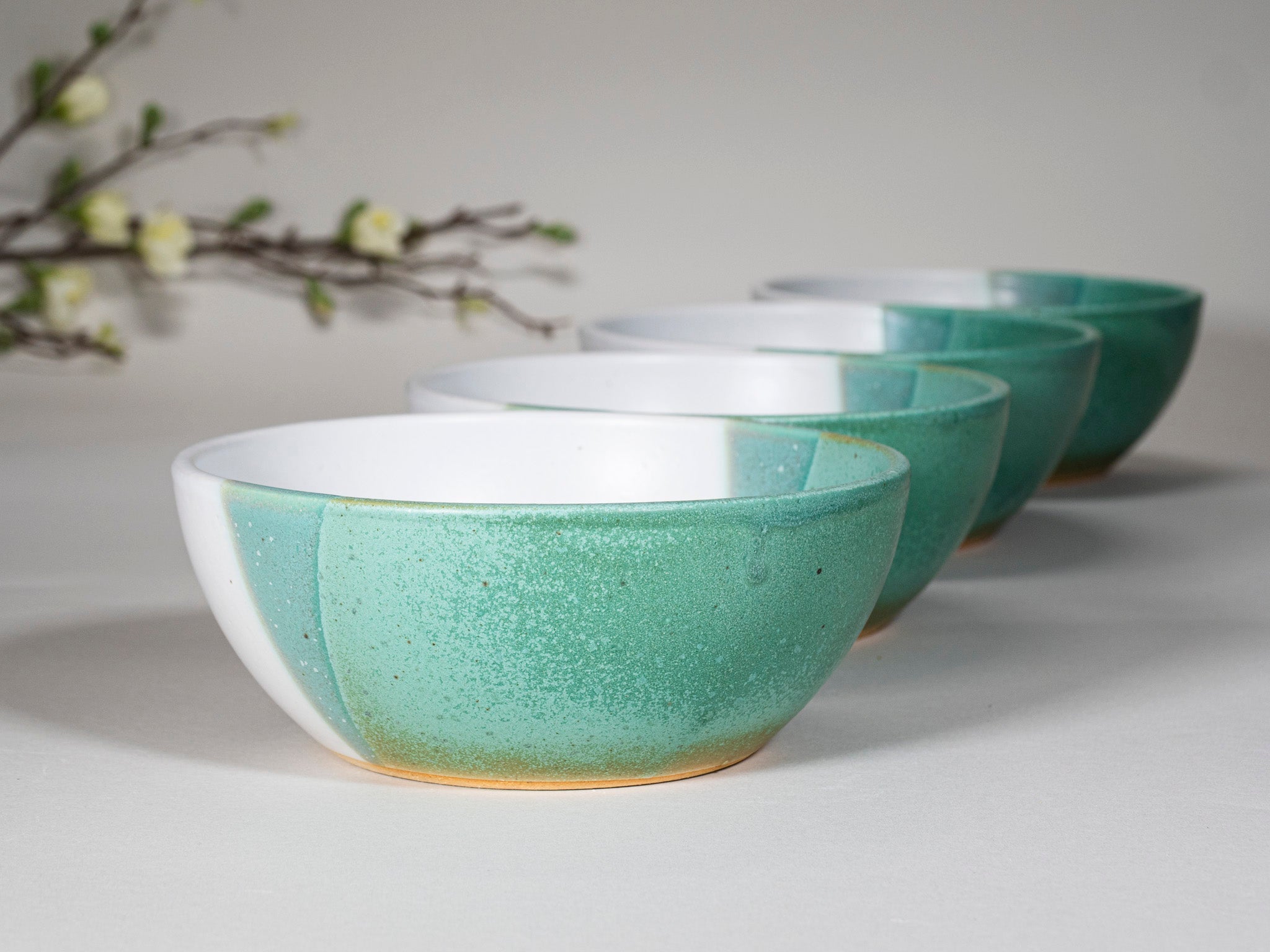 Bowl | Breakfast Salad Soup Bowl Green White Stoneware Handmade
