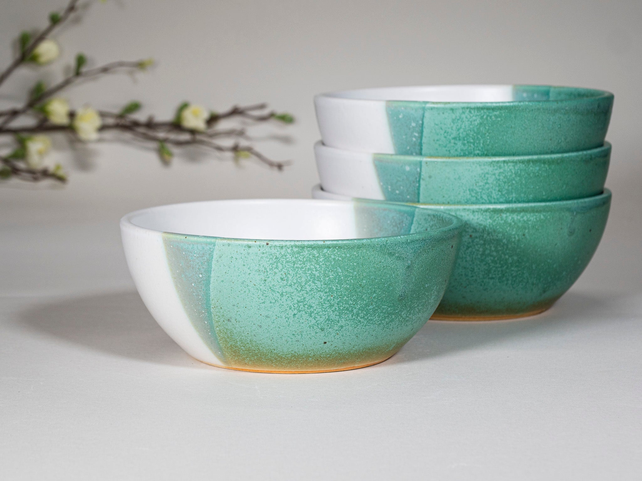 Bowl | Breakfast Salad Soup Bowl Green White Stoneware Handmade