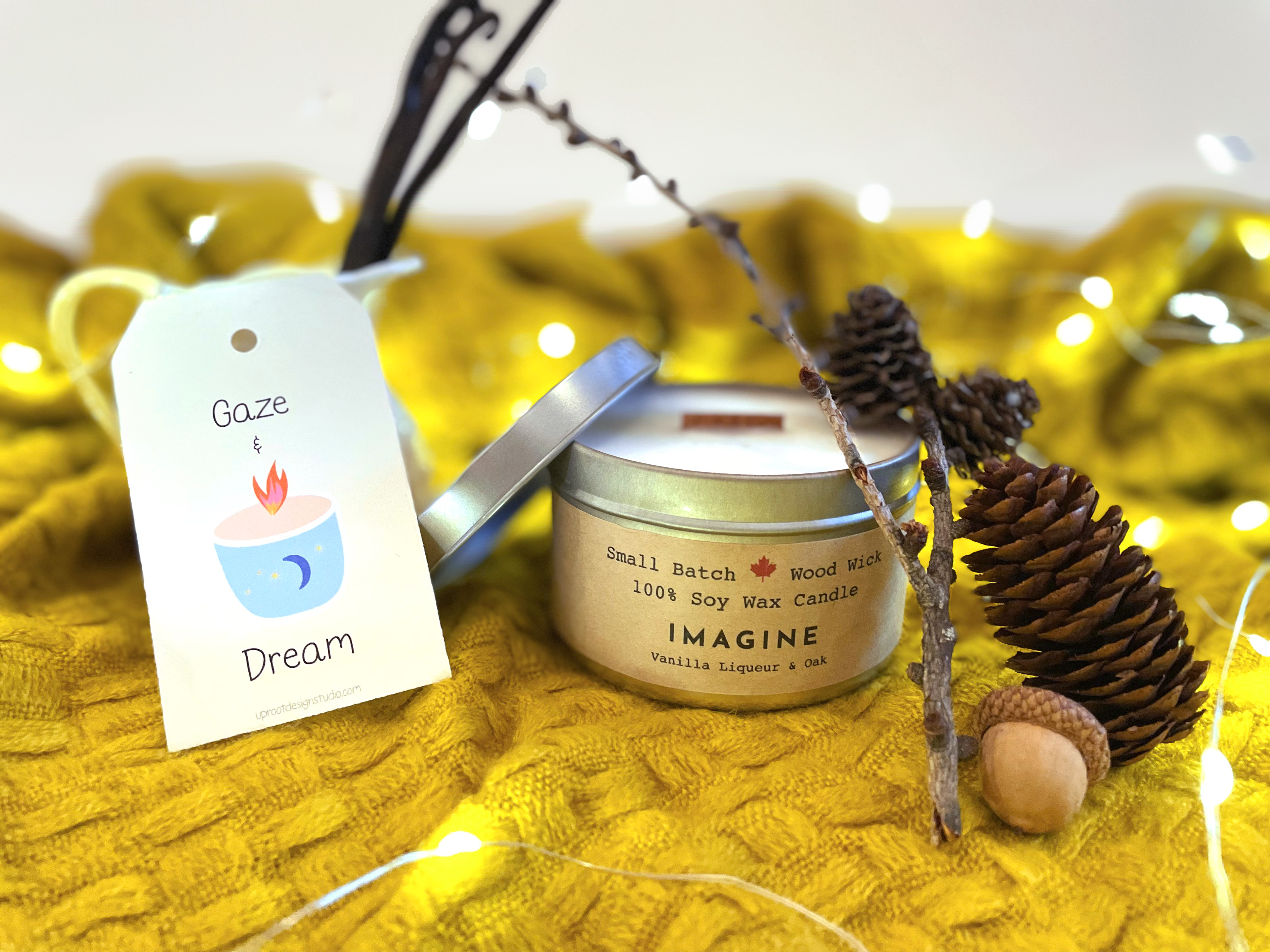 "Imagine" Vela ecológica de soja de mecha crepitante – Licor de vainilla + roble (Brilla con luz propia / Soñando con el invierno)