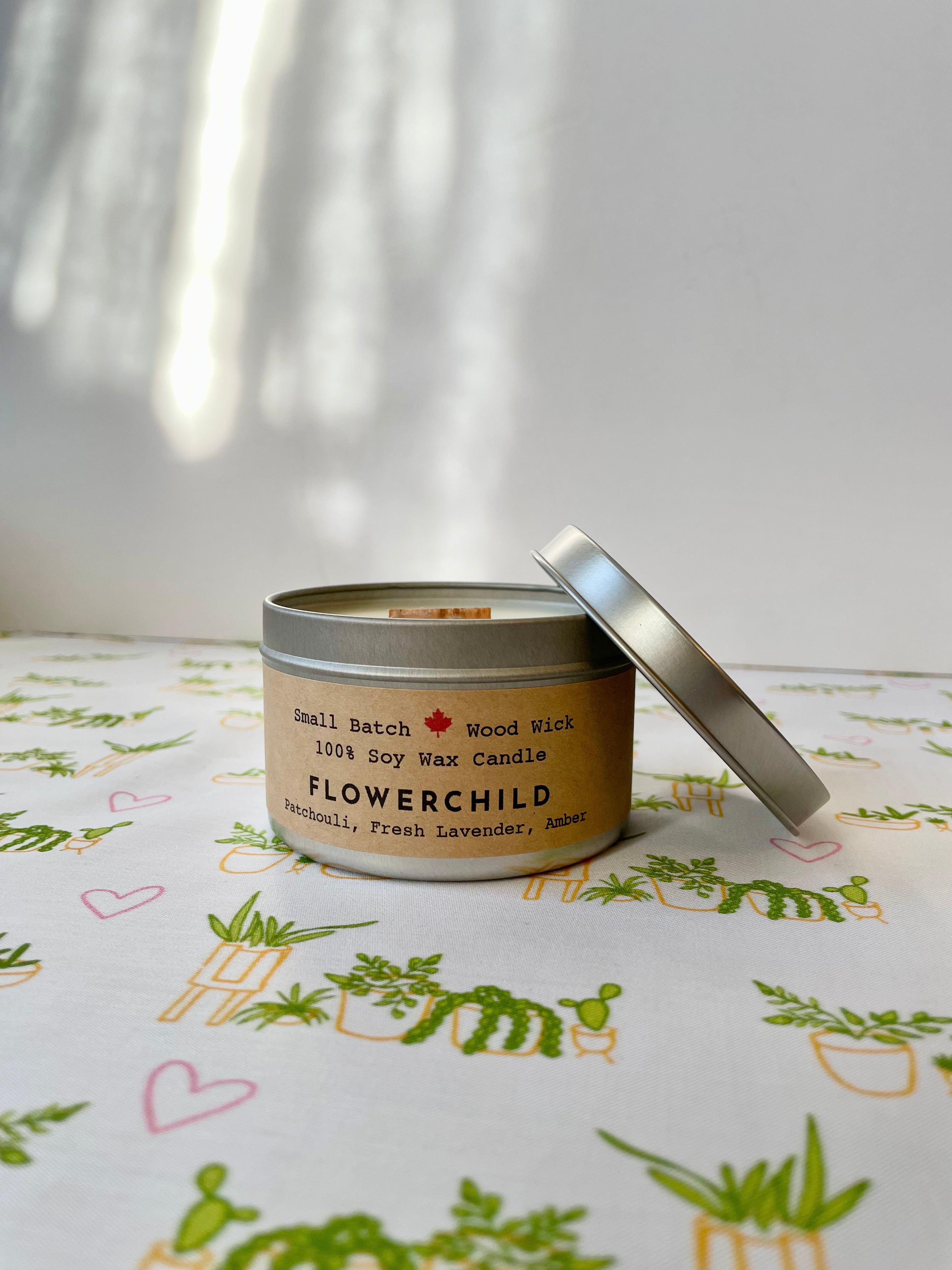 "Flower Child" Soy Crackling Wick Eco-Candle - Patchouli, Lavender + Amber Scent (Golden Light / Grow & Bloom)
