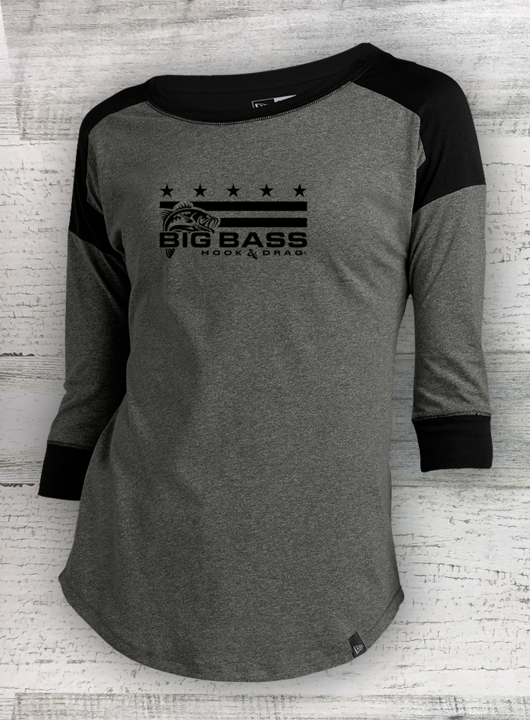 HDフィッシュ - メリカナ - レディース ヘリテージブレンド ブラックツイスト 3/4スリーブ ベースボールラグランTシャツ - キャットフィッシュ、ウォールアイ、クラッピー、バス