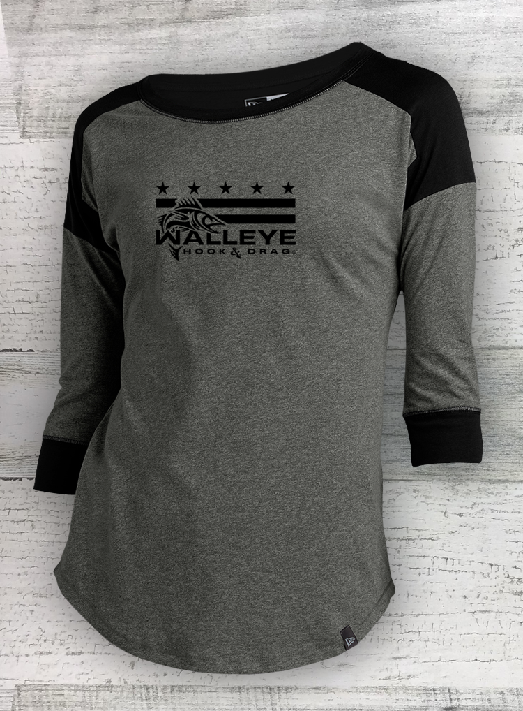 HDフィッシュ - メリカナ - レディース ヘリテージブレンド ブラックツイスト 3/4スリーブ ベースボールラグランTシャツ - キャットフィッシュ、ウォールアイ、クラッピー、バス