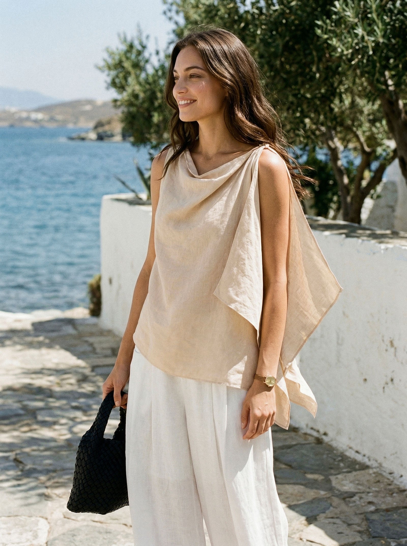 100 Linen Cowl Neck Asymmetric Top Levina