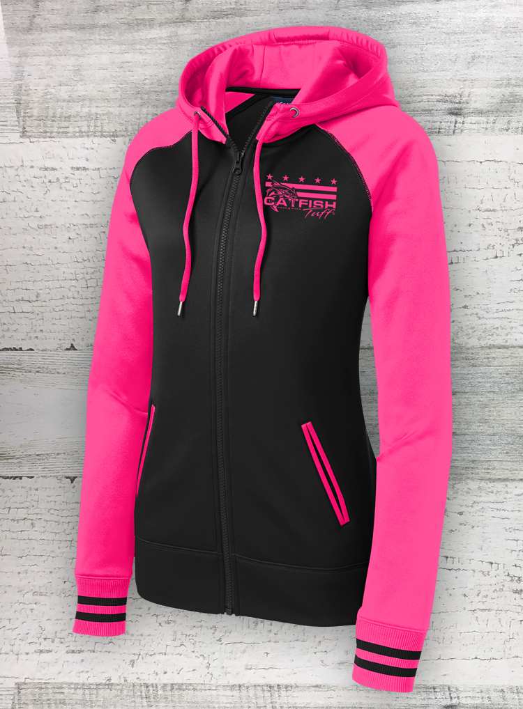 Chaqueta con capucha de cremallera completa Catfish Tuff Mericana, forro polar deportivo para mujer, rosa neón/negro