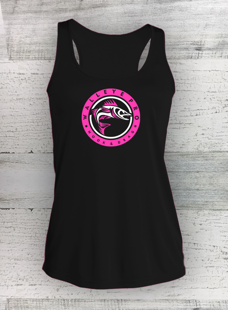 HD FISH Pro - Camiseta sin mangas de espalda deportiva para mujer Competitor™ - Negra - Serie Circle - Lucioperca Bagre Mojarra Perca
