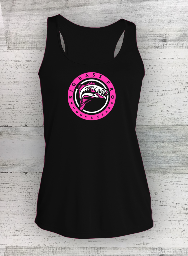 HD FISH Pro - Camiseta sin mangas de espalda deportiva para mujer Competitor™ - Negra - Serie Circle - Lucioperca Bagre Mojarra Perca